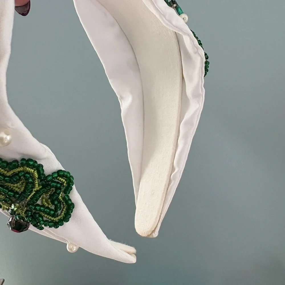 White and Green Shamrock EmbellishedTop Knot Headband